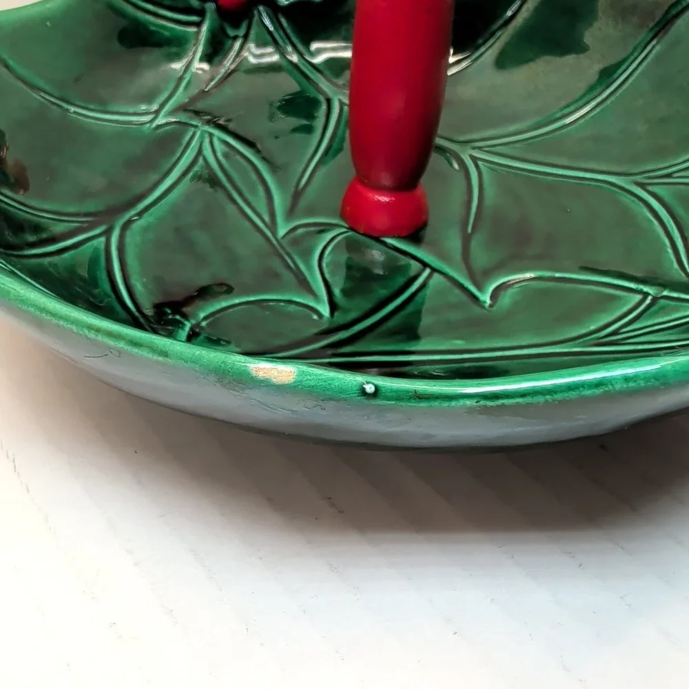 Vintage Lefton 5189 Christmas Holly Leaf 2 Tier Tidbit Tray Green Red Berries